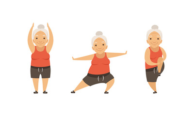 Canvas Print - Senior Woman with Grey Hair Doing Physical Exercises Stretching Vector Set