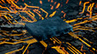© RocknRoller Studios - Advanced Technology Concept with Microchip. Orange Neon Data flows from the CPU across a Futuristic Motherboard. 3D render.