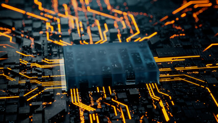 Advanced Technology Concept with Microchip. Orange Neon Data flows from the CPU across a Futuristic Motherboard. 3D render.