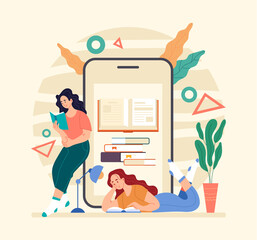Wall Mural - People girls women student reading book by smartphone. Online web internet digital reader. Flat illustration graphic design concept
