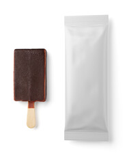 Wall Mural - Brown chocolate popsicle and clean package isolated on white. 3D rendering and photo.