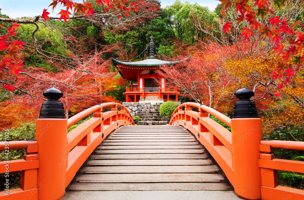 Japanese autumn scene. Travel to Kyoto. - obrazy, fototapety, plakaty 
