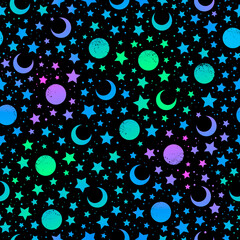 Wall Mural - mystical bright neon pattern with moon and stars