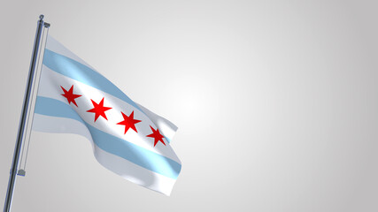 Wall Mural - Chicago 3D waving flag illustration on a realistic metal flagpole. Isolated on white background with space on the right side. 