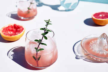 Wall Mural - Summer grapefruit cocktail. Fresh healthy grapefruit beverage with herbs on sunlight with hard shadows. Creative drink on white background.