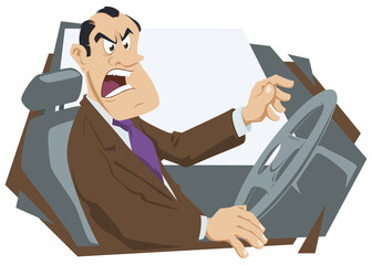 Wall Mural - Angry man in auto. Annoyed driver driving car. Illustration for internet and mobile website.