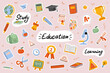 © alexdndz - School and education cute stickers template set. Bundle of textbooks, stationery supply, science, study lessons, classroom objects. Scrapbooking elements. Vector illustration in flat cartoon design