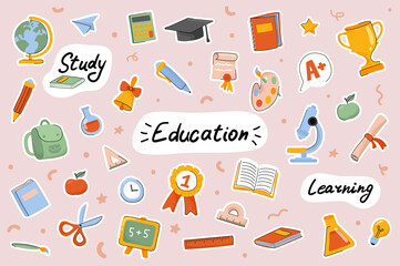 School and education cute stickers template set. Bundle of textbooks, stationery supply, science, study lessons, classroom objects. Scrapbooking elements. Vector illustration in flat cartoon design