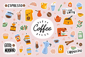 Coffee cute stickers template set. Bundle of cups with cappuccino, espresso, latte, desserts, beverage equipment, breakfast symbols. Scrapbooking elements. Vector illustration in flat cartoon design