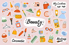 Beauty Cute Stickers Template Set. Bundle Of Face And Body Care Procedures, Routine, Cosmetics, Female Makeup, Stylish Outfits. Scrapbooking Elements. Vector Illustration In Flat Cartoon Design