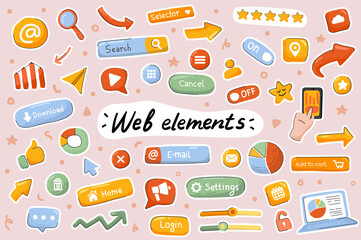 Wall Mural - Web elements cute stickers template set. Bundle of site navigation, menu buttons, setting, mobile and computer page interface symbols. Scrapbooking objects. Vector illustration in flat cartoon design