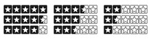 Black Star Icon Review Set. Isolated Five Stars Customer Feedback On White Background. Product Score Concept. Full And Half Star UI Design. Flat Vector Illustration.