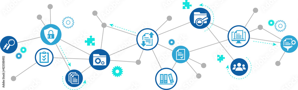 Document management vector illustration. Blue concept with no people related to digital file storage system / software, corporate records keeping, database technology, remote file access, doc sharing. - obrazy, fototapety, plakaty 