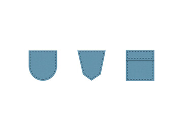 denim patch pocket. set of blue denim bag vector icons. uniform casual style jeans pockets patches. 