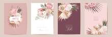 Happy Mothers Day Watercolor Card Set. Greeting Mom Minimal Postcard Design. Vector Protea Flowers