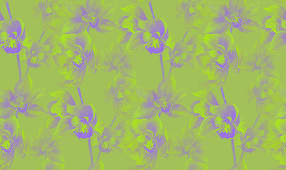 stylized floral seamless pattern with orchid flowers on purple and green background for textile and surface design