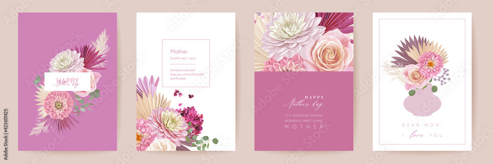 Happy Mothers day watercolor card set. Greeting mom postcard design. Vector rose, dahlia flowers - obrazy, fototapety, plakaty 