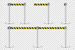 © 32 pixels - Realistic retractable belt stanchion on transparent background. Crowd control barrier posts with caution strap. Queue lines. Restriction border and danger tape. Vector illustration.