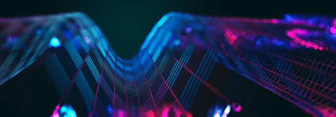 Wall Mural - mesh or net with lines and geometrics shapes detail.3d illustration.abstract wave background of tech