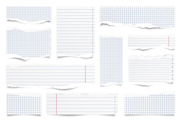 Wall Mural - ripped paper strips isolated on white background. realistic lined paper scraps with torn edges. stic