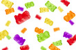 Falling Colorful jelly gummy bear, isolated on white background, selective focus