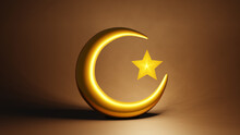 Crescent Moon And Stars Golden Islamic Symbol 3D Rendering
