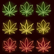 Marijuana or Cannabis Rastafarian Colors or Ethiopean Flag Style Leaves Glowing Neon Sign Style Set - Green Red and Yellow on Dark Background - Hand Drawn Doodle Design