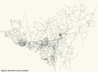  Black simple detailed street roads map on vintage beige background of the quarter Sigtuna municipality of Stockholm county, Sweden
