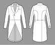 © Vectoressa - Morning coat jacket technical fashion illustration with long sleeves, peaked lapel collar, cutaway front, welt pocket. Flat template, back, white color style. Women, men, unisex top CAD mockup