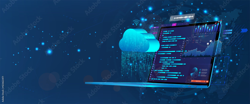 Laptop with programming code on screen with software development UI and saving data to cloud storage. Web coding and synchronization with the cloud service via the Internet. Programming concept - obrazy, fototapety, plakaty 