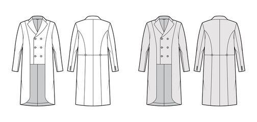 Wall Mural - Horse riding jacket tuxedo technical fashion illustration with double breasted, long sleeves, low high hem. Flat show equestrian coat template front, back, white, grey color style. Women, men top CAD