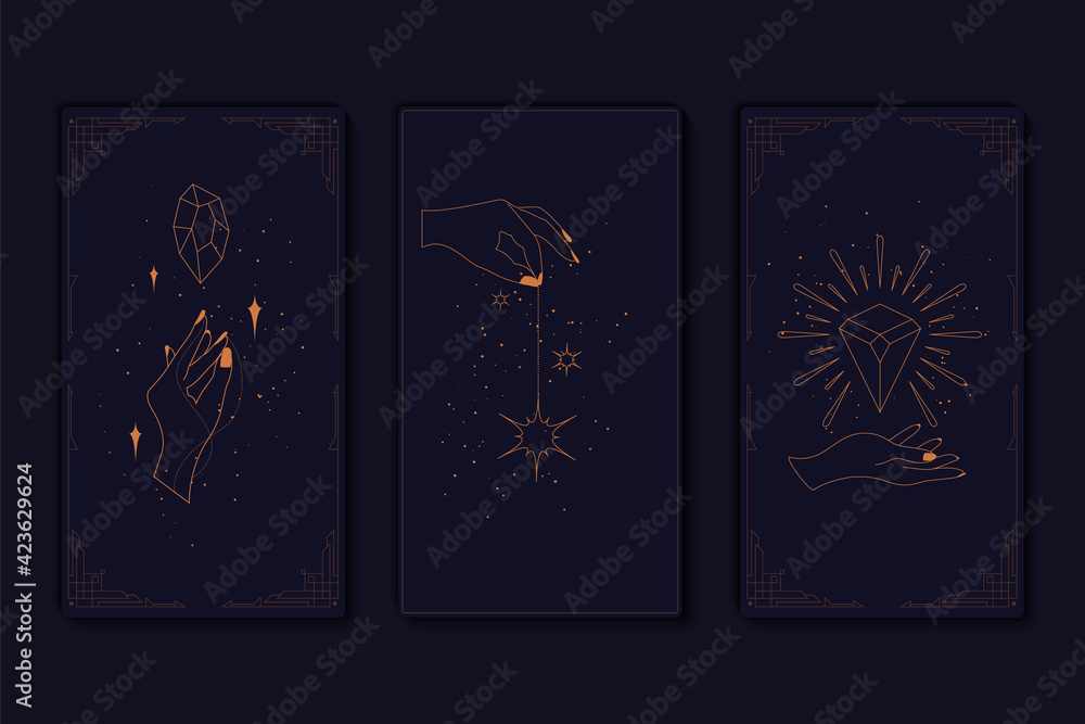 Set of mystical tarot cards. Elements of esoteric, occult, alchemical and witch symbols. Zodiac signs. Cards with esoteric symbols. Silhouette of hands, stars, moon and crystals. Vector illustration - obrazy, fototapety, plakaty 