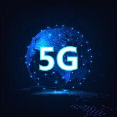 Leinwandbilder - 5G network wireless systems concept.5G symbol on world 3D wireless Internet network connection Information technology Illustration.Concept of future technology network.