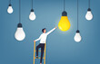 Idea concept. Businessman climbing ladder and reaching light bulb vector illustration.