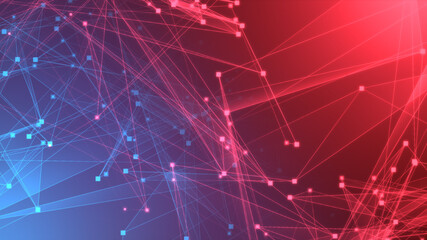Abstract red blue polygon tech network with connect technology background. Abstract dots and lines texture background. 3d rendering.