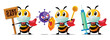 © charactoon - Cartoon cute Superhero bee mascot series set. Cute bees wearing surgical masks and holdings syringe needle, shield and Stay Safe wooden signboard to fight with Covid-19 virus and bacteria - mascot set