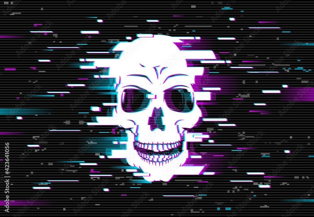 Human skull on glitched screen background. Computer virus, hacker or ...