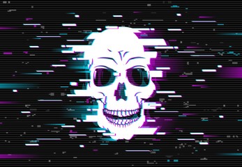 Leinwandbilder - Human skull on glitched screen background. Computer virus, hacker or malware software, phishing attack danger, death in internet concept with skull, digital glitch pixels and lines. Cyberpunk backdrop
