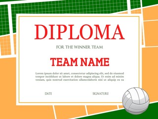 Wall Mural - Diploma for the volleyball winner team vector template. Certificate for tournament participation. Sports club award border design with ball and basket. School league or beach volleyball competition