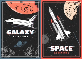 Wall Mural - galaxy explorer retro vector posters with glitch effect. outer space exploration, cosmic adventure v