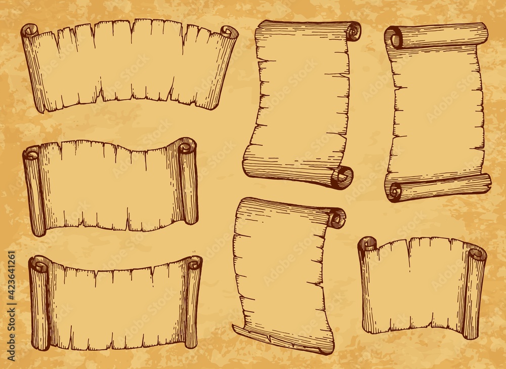 Scrolls, paper parchments and old manuscripts, vector ancient vintage papyrus. Sketch scrolls and parchment banners, antique document rolls and scripture letters with torn worn edges - obrazy, fototapety, plakaty 
