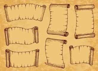 Wall Mural - scrolls, paper parchments and old manuscripts, vector ancient vintage papyrus. sketch scrolls and pa