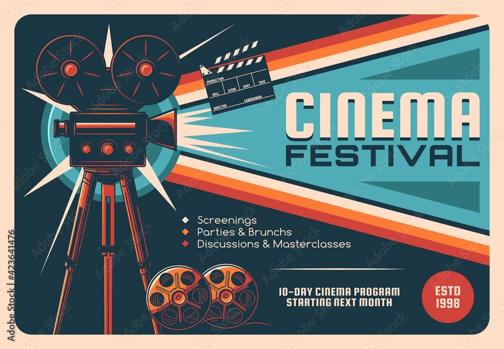 Cinema festival, cinematography industry retro poster. Old movie camera on tripod, movie theater projector and film reel, clapperboard vector. Cinema fest invitation card, event program vintage banner - obrazy, fototapety, plakaty 