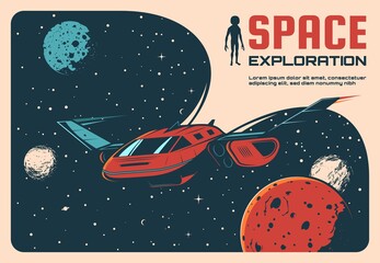 Wall Mural - space exploration adventure retro poster. future spaceship or rocket flying in outer space, solar sy