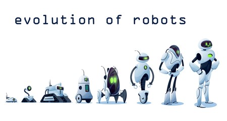 Aufkleber - Robots evolution, AI android transformer bots, vector robo cybernetics technology. Robots and cyborgs, futuristic artificial intelligence and smart computer engineering progress, robotic machines