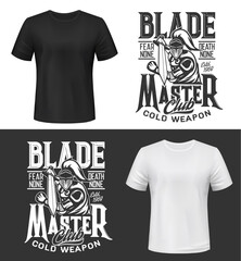 Tshirt print with knight and sword vector mockup, fight club mascot, medieval warrior in helmet and cape attack. Apparel design with typography blade master, isolated monochrome t shirt print or label