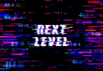 Aufkleber - Glitch background, Next Level pixels and digital noise on screen, vector. Glitch on TV or computer display, VHS video television effect for game, video signal distortion