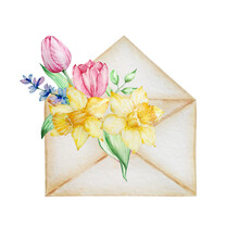 Watercolor Painting Spring Flowers, Beige Envelope With Tulips