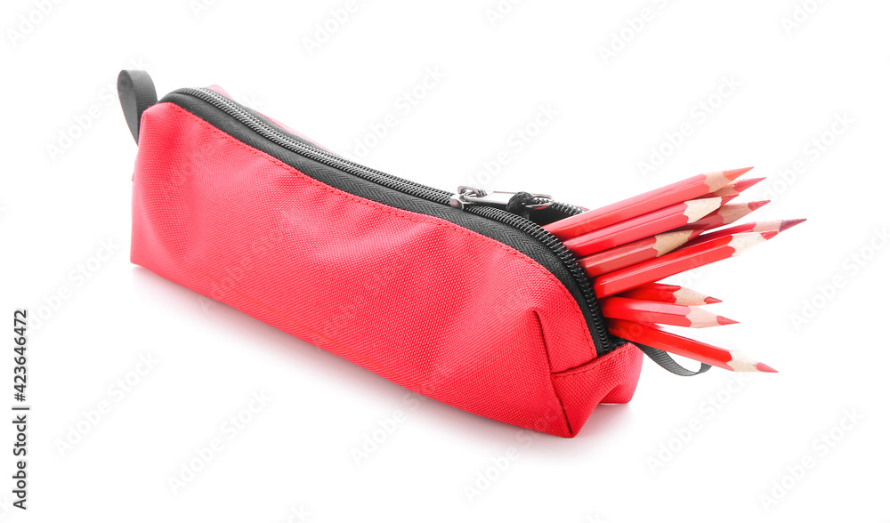 Case with colorful pencils on white background