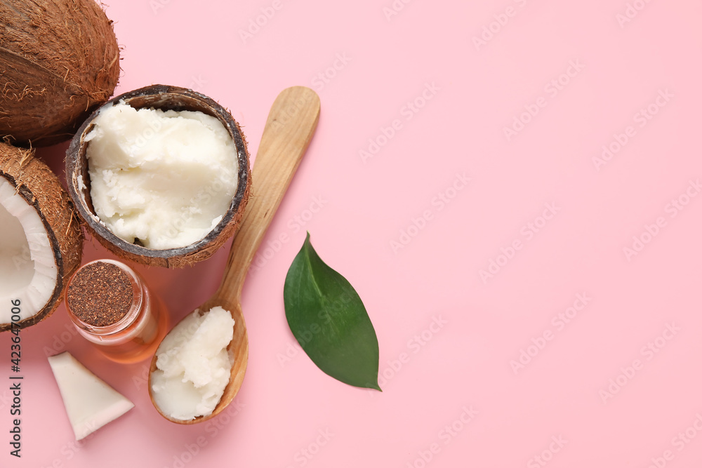 Composition with coconut oil on color background - obrazy, fototapety, plakaty 